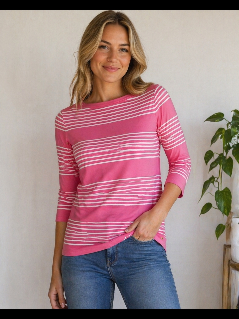 Tommy Hilfiger Pink & White Striped 3/4 Sleeve Top | Nautical Tee Sz M
